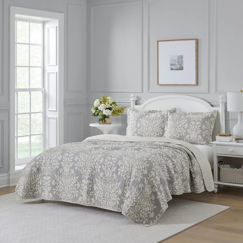 Laura Ashley - Twin Quilt Set, Reversible Cotton Bedding with Matching Sham, Home Decor for All Seasons (Rowland Grey, Twin) - Image 2